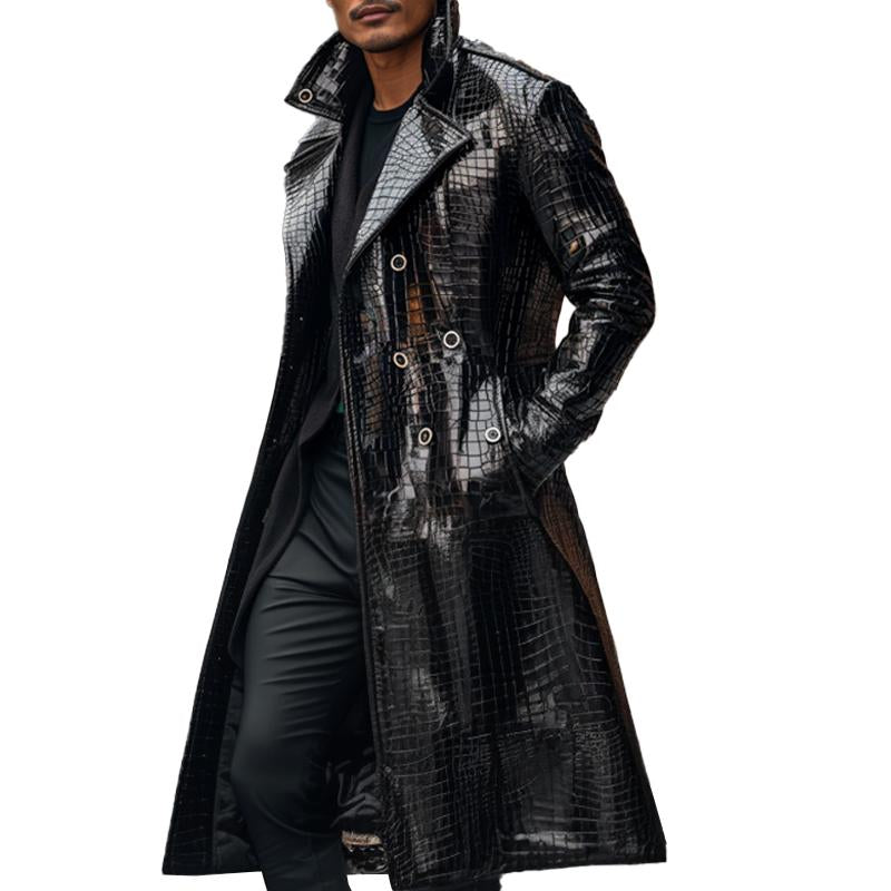 Men's Shiny Textured Leather Long Coat 90382318X