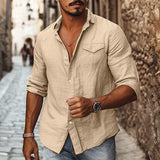 Men's Casual Solid Color Linen Blended Lapel Button-Down Long Sleeve Shirt 88075717M