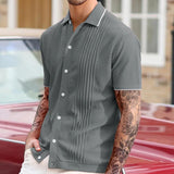 Men's Casual Solid Color Breathable Knitted Lapel Short-Sleeved Cardigan 49193773M