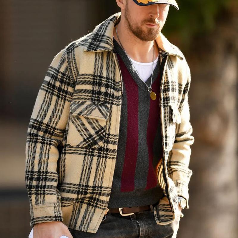 Men's Check Lapel Zip-Up Jacket 70683774U