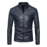 Men's Vintage Stand Collar Patchwork Slim Zipper Leather Motorcycle Jacket 50837459M