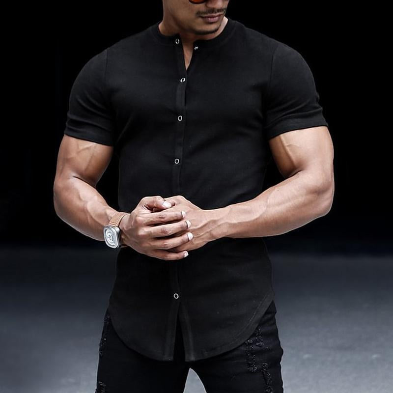 Men's Solid Color Single Breasted Short Sleeve Shirt 78695131X