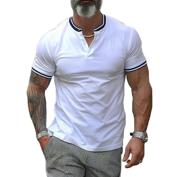 Men's Retro Spliced Web Henley Collar Short Sleeve T-Shirt 23161626TO