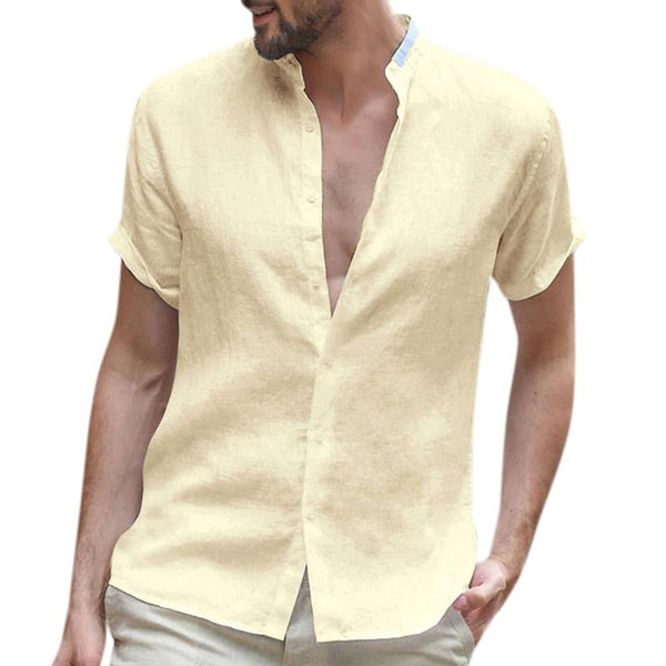 Men's Casual Solid Color Stand Collar Short Sleeve Cotton Linen Shirt 27295364M