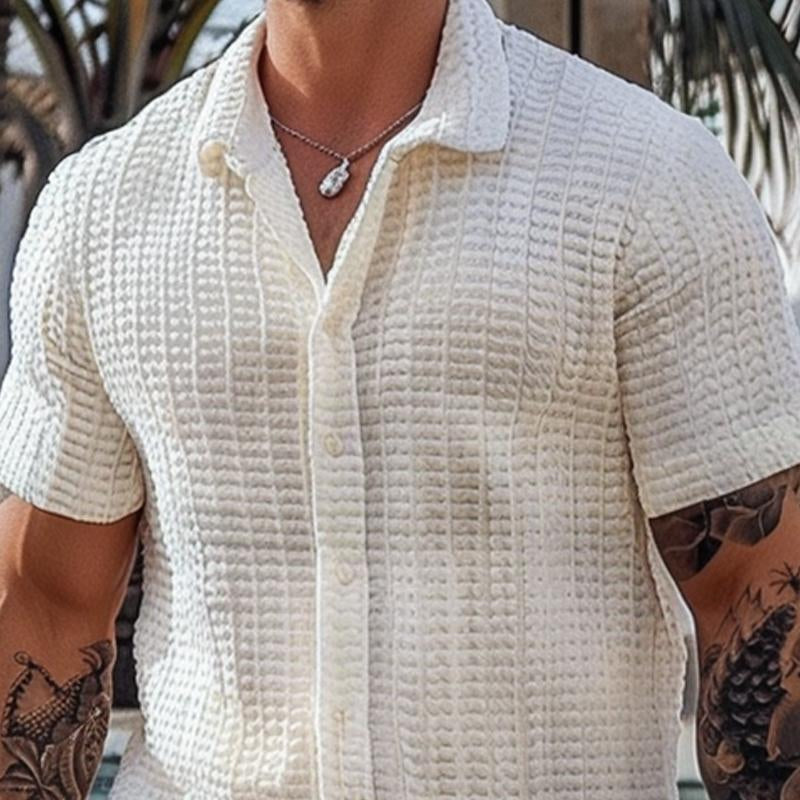 Men's Lapel Solid Color Plaid Short Sleeve Shirt 19243428X