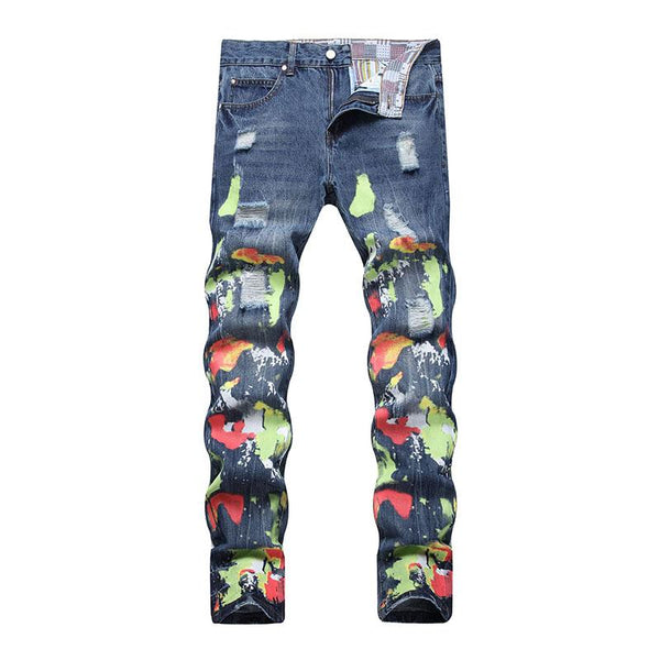 Men's Fashion Ripped Colorblock Heavy Wash Printed Straight Jeans 20190037M