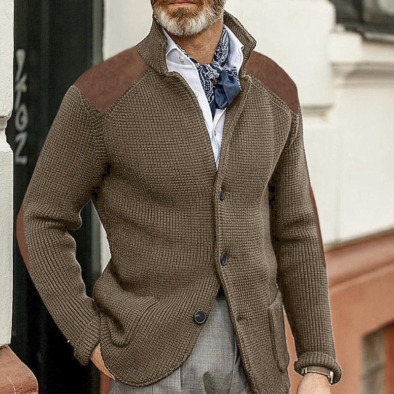 Blazer tricoté à manches longues et col montant pour homme, coupe slim, style patchwork, vintage, 67697292M