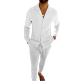 Men's Cotton And Linen Long-Sleeved Shirt And Trousers Set 57659459Y