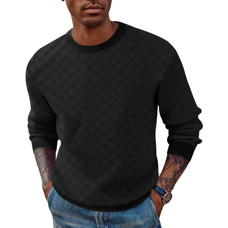 Men's Solid Color Checkerboard Pattern Round Neck Long Sleeve T-Shirt 06420118Z