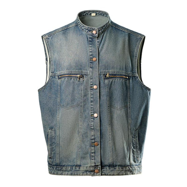 Men's Vintage Washed Stand Collar Multi-pocket Denim Vest 13384626M