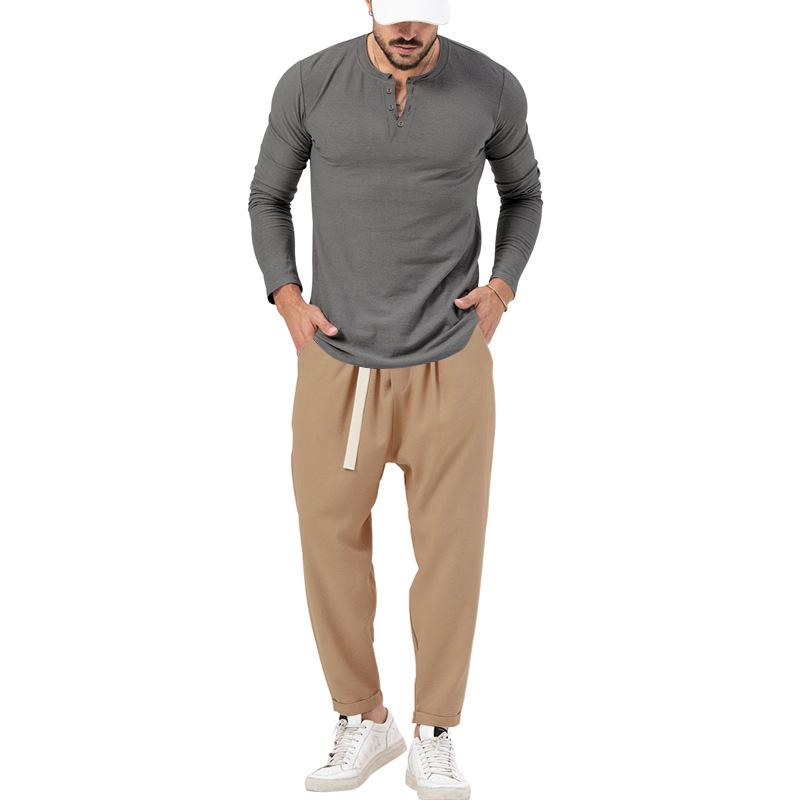 Solid Casual Long Sleeve Henley T Shirt Trouser Set 72706978X