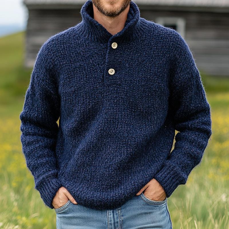 Dunkelblauer Vintage-Strickpullover mit zwei Knöpfen und Stehkragen für Herren 52045838U