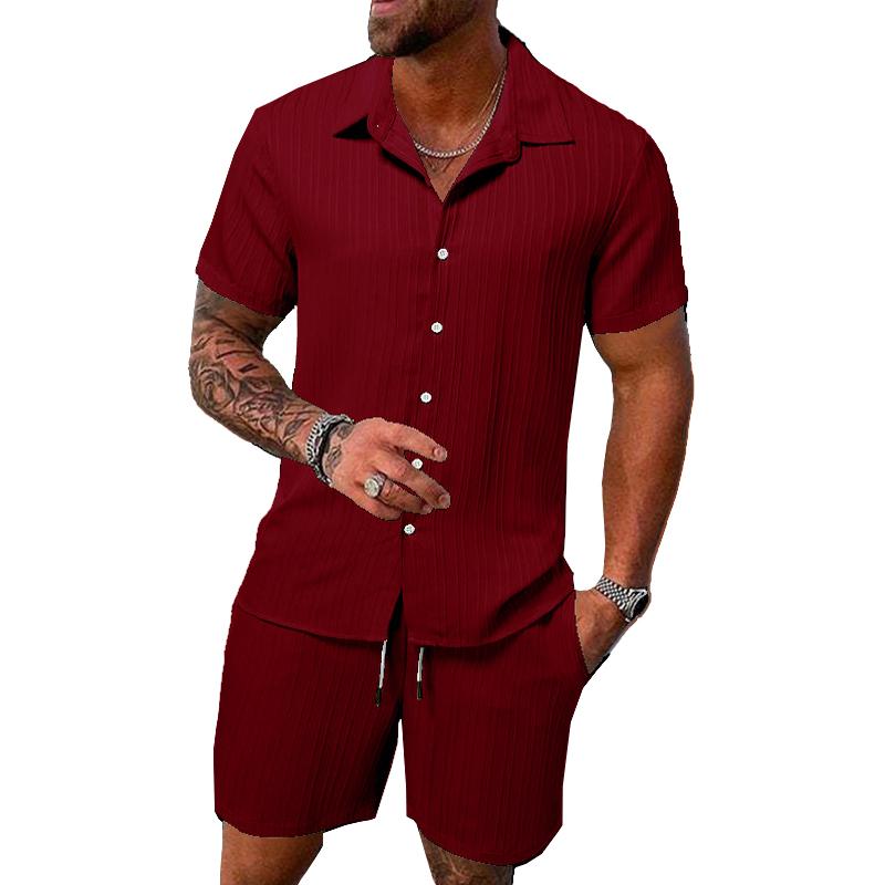 Men's Solid Color Striped Lapel Short Sleeve Shorts Casual Set  63428764X