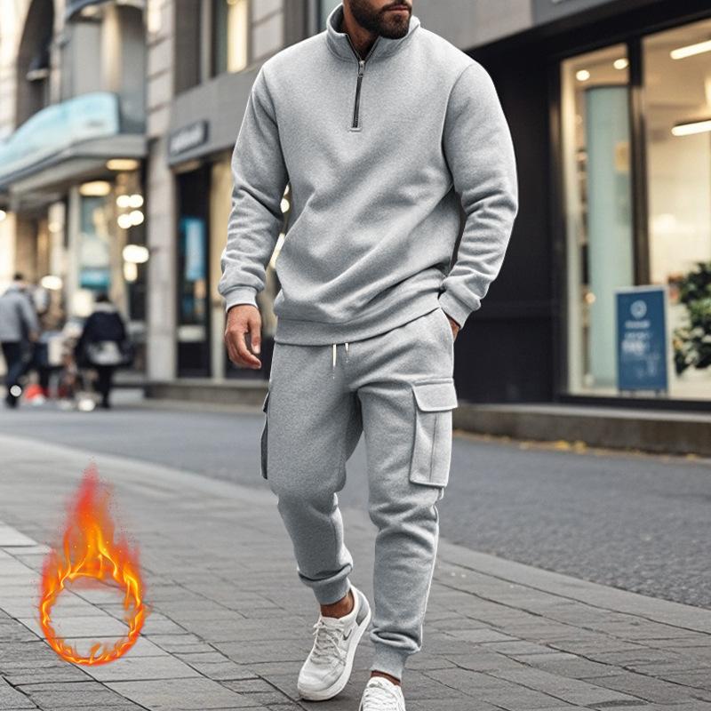 Men's Solid Color Casual Plush Warm Zipper Stand Collar Sweatshirt Sweatpants Set 08038864Y