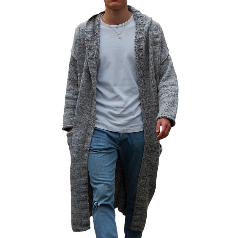 Men's Casual Solid Color Loose Long Hooded Knitted Cardigan 83442735M