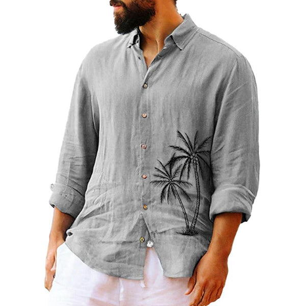 Men's Palm Tree Print Beach Vacation Lapel Long Sleeve Shirt 85345190X