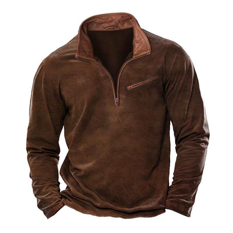 Men's Vintage Leather Patchwork Lapel Zipper Pullover Sweatshirt 20996141M