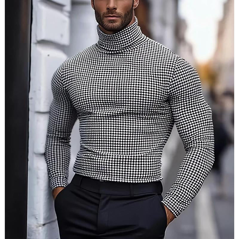 Men's Fashion Plaid High Neck Slim Fit Long Sleeve T-Shirt 70244717Y