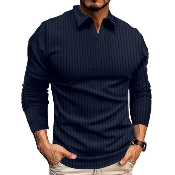 Men's Casual Solid Color Striped V-Neck Long Sleeve POLO Shirt 93502950Y