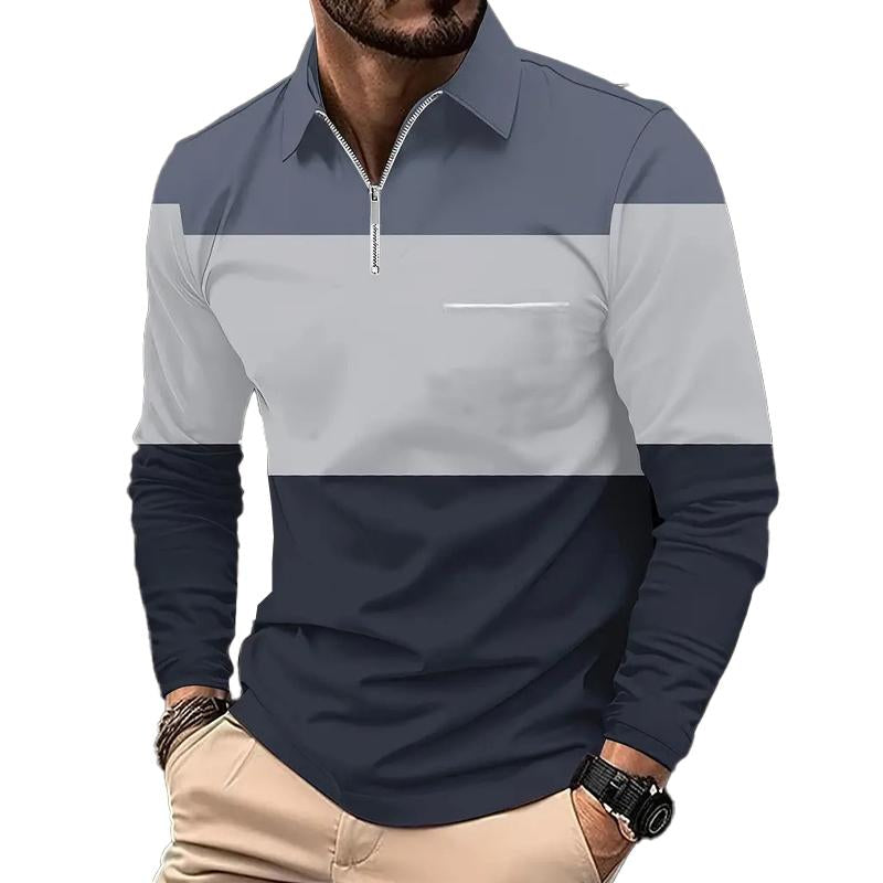 Men's Striped Print Loose Long Sleeve POLO Shirt 92302672X