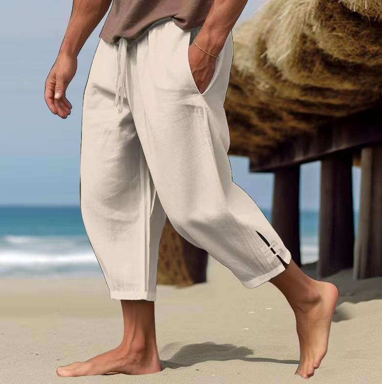 Men's Solid Loose Linen Elastic Waist Casual Pants 84135562Z