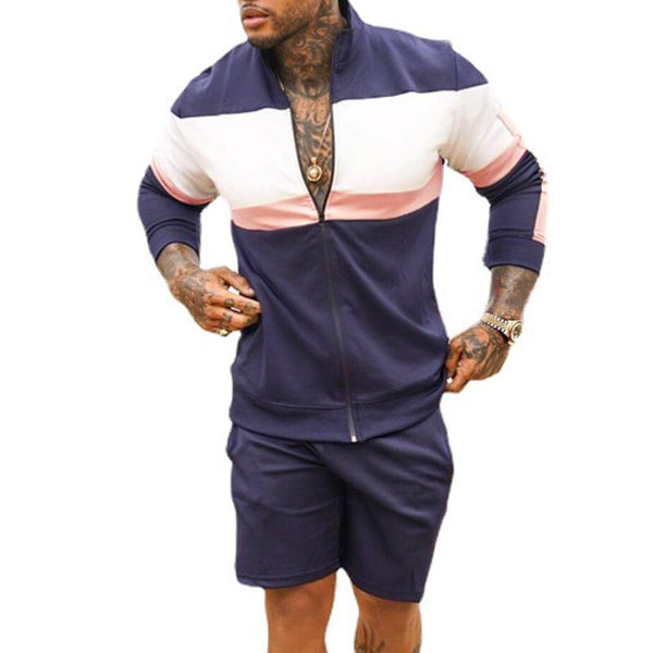 Men's Casual Colorblock Zipper Jacket Shorts Set 79170886Y