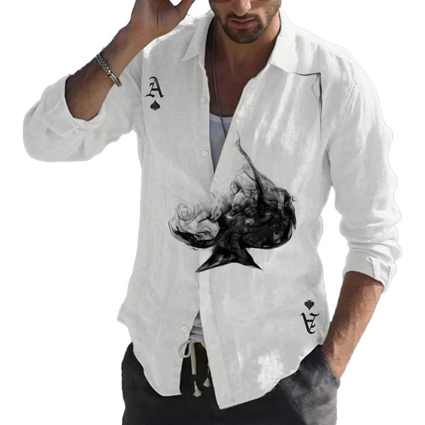 Men's Poker Print Long Sleeve Lapel Shirt 25049520X