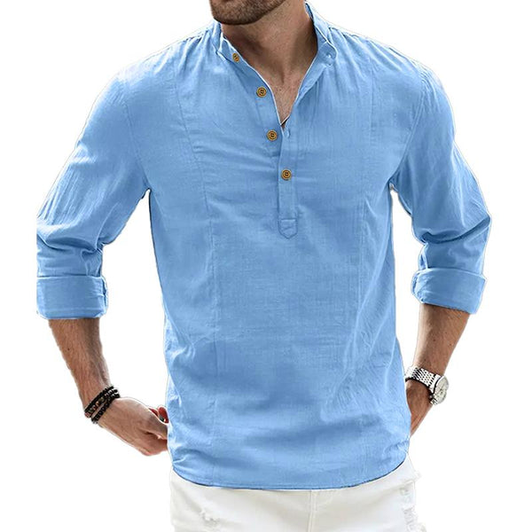 Men's Solid Color Simple Stand Collar Loose Casual Long Sleeve Shirt 01867878X