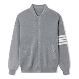 Men's Casual Stand Collar Loose Striped Knitted Cardigan 08335063M