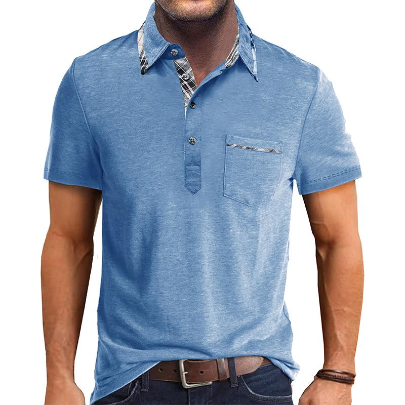 Men's Plaid Stitching Lapel Short Sleeve Polo Shirt 33369006Z
