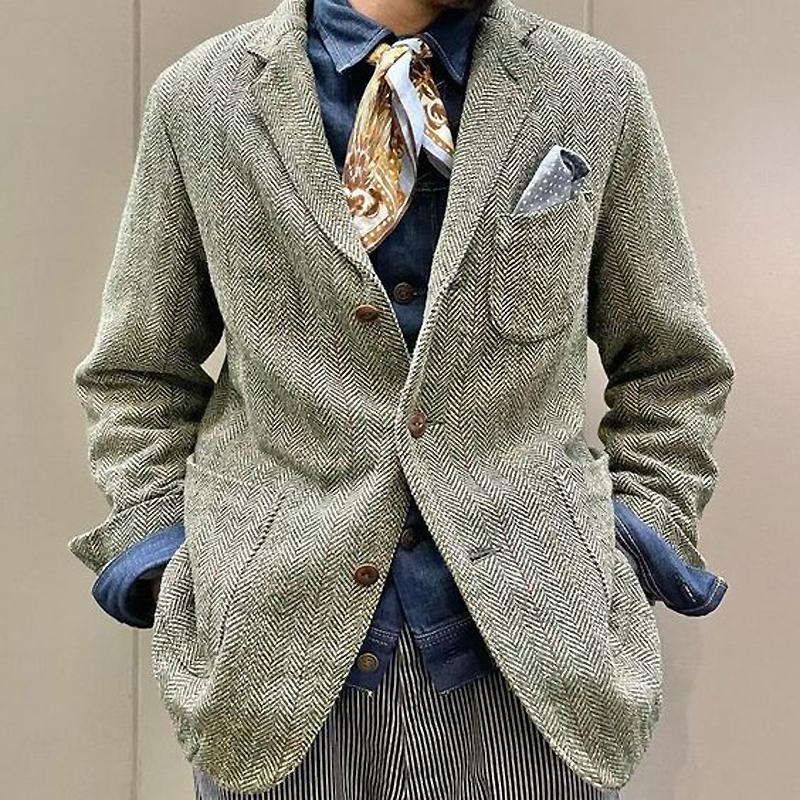 Blazer à chevrons vintage à revers simple et poches multiples pour homme 83357632Y