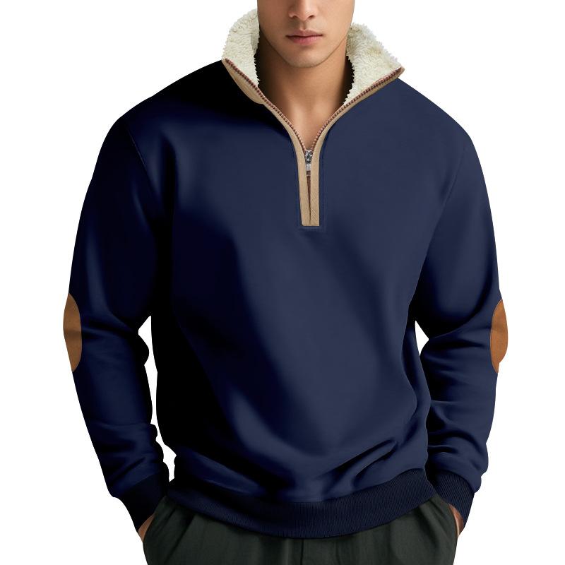 Men's Retro Colorblock Plush Fleece Lapel Stand Collar Long Sleeve Sweatshirt 04671853Z