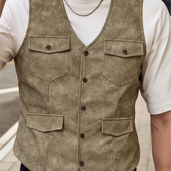 Men's Casual V-Neck Button Leather Vest 00710360X