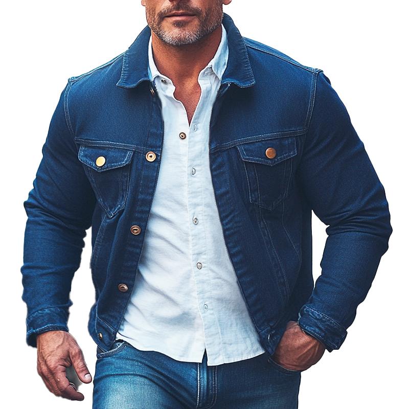 Men's Solid Color Lapel Single Breasted Denim Jacket 96459566X