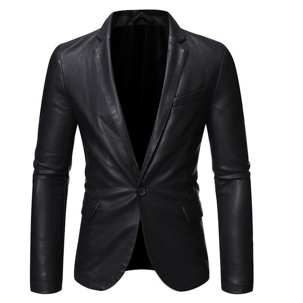 Men's Solid Lapel Single Button Leather Blazer 27895816Y