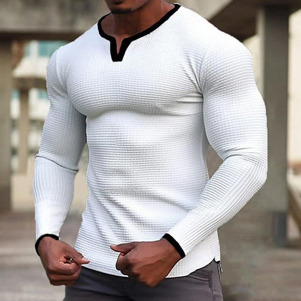 Men's Colorblock Waffle V-Neck Long Sleeve T-Shirt 66153659Y
