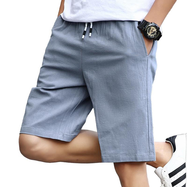 Men's Casual Solid Color Cotton Linen Elastic Waist Loose Shorts 00545243M
