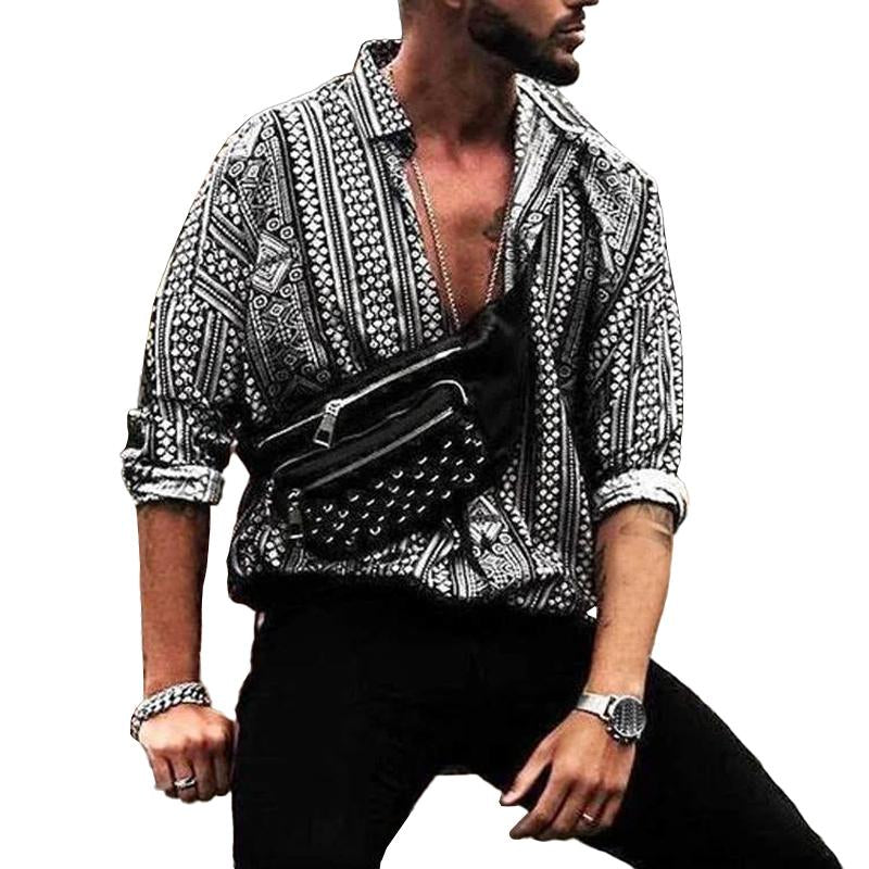 Men's Retro Ethnic Print Lapel Long Sleeve Shirt 85522607M