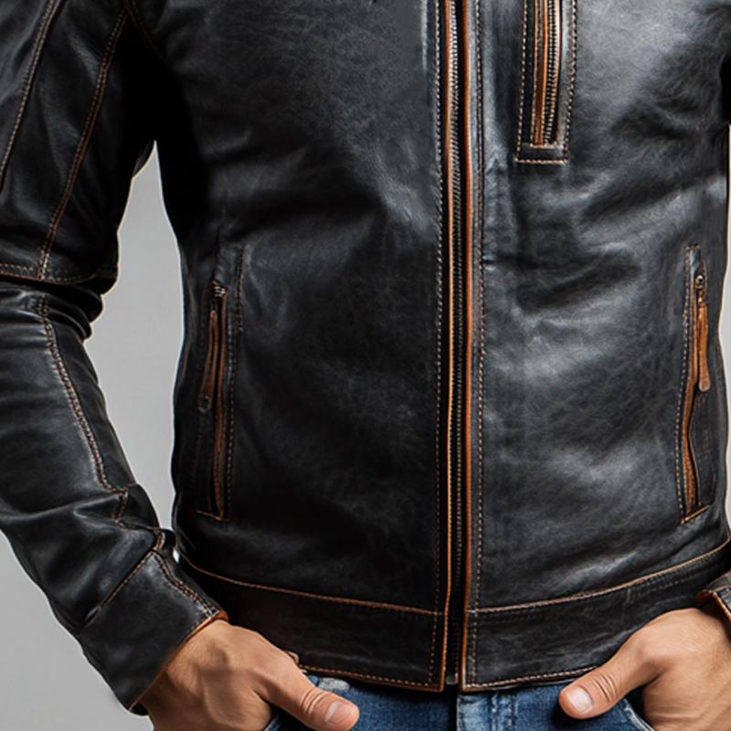 Men's Vintage Stand Collar Zipper Leather Jacket 53026977U