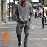 Men's Solid Color Casual Plush Warm Zipper Stand Collar Sweatshirt Sweatpants Set 08038864Y