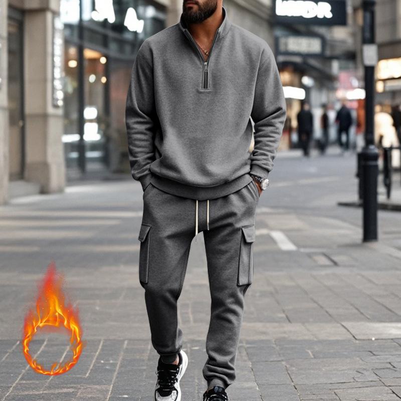 Men's Solid Color Casual Plush Warm Zipper Stand Collar Sweatshirt Sweatpants Set 08038864Y