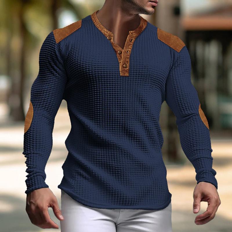 Men's Casual Colorblock Waffle Henley Neck Long Sleeve T-Shirt 47730288Y
