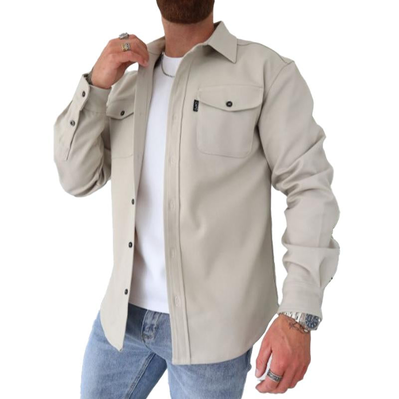 Men's Casual Brushed Solid Color Lapel Shirt Jacket 42460921X