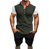 Men's Waffle Colorblock Henley Collar Short Sleeve T-Shirt and Shorts Set 66840871Y
