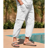 Men's Solid Color Cotton And Linen Drawstring Loose Multi-Pocket Ninth Pants 92978052Y