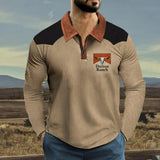Men's Vintage Contrast Leather Patchwork Zip Long Sleeve Polo Shirt 83229932M