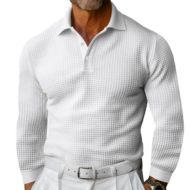 Men's Casual Waffle Lapel Button-Down Long Sleeve Polo Shirt 09965418M