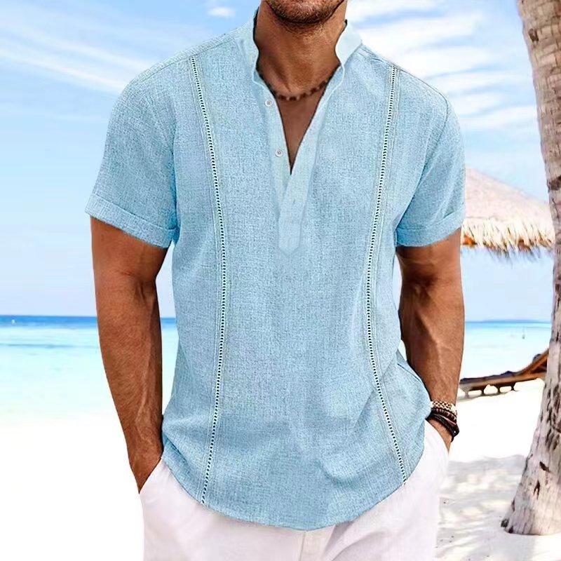 Men's Casual Cotton Linen Stand Collar Pullover Short-Sleeved Shirt 22390311M