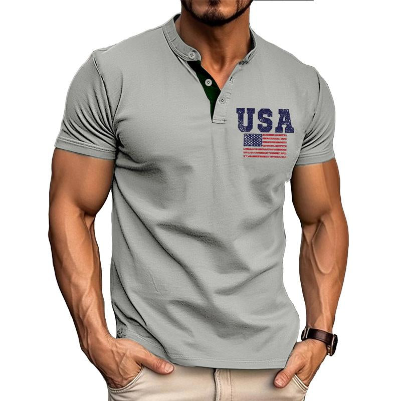 Men's American Flag Print Short Sleeve Button T-Shirt 65699171X