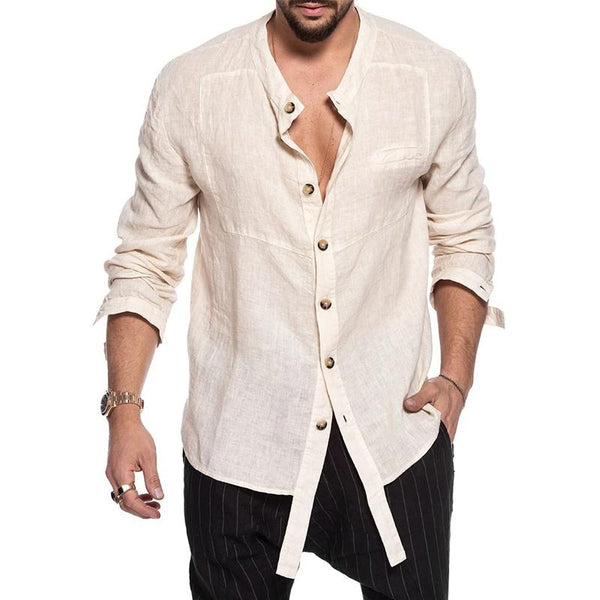 Men's Stand Collar Cotton and Linen Loose Long Sleeve Shirt 65664404U